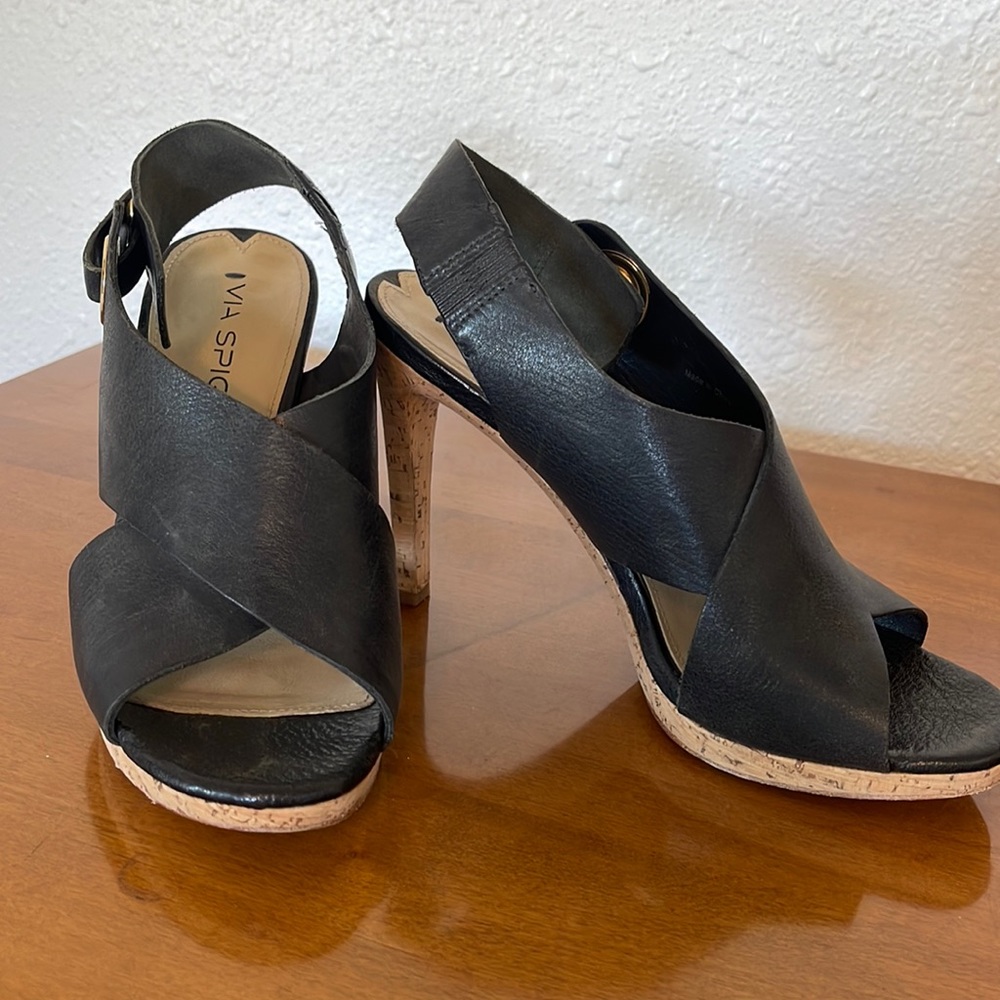 Via Spiga cork heel leather open toe heel sandals